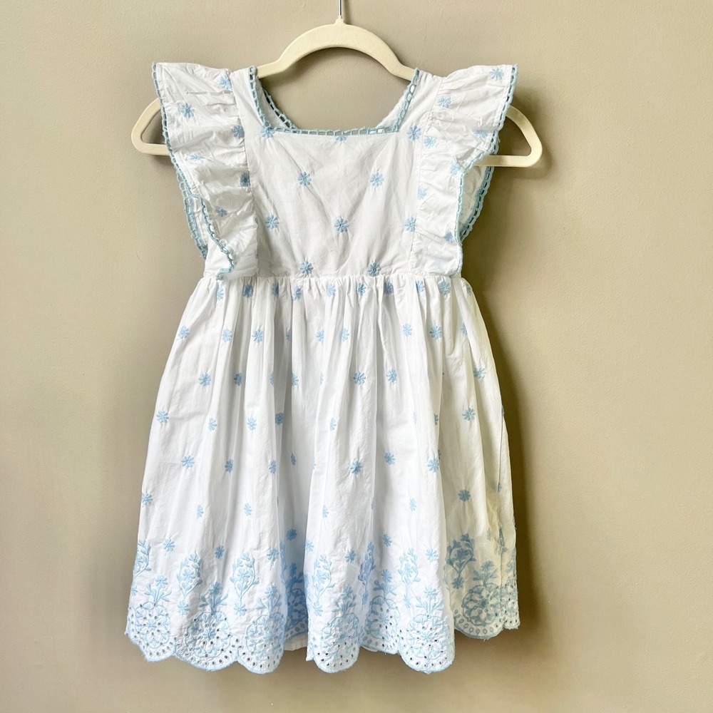 Rachel Zoe Dress Girl's Size 7 White Blue Dainty Floral Embroidery Cottage Midi